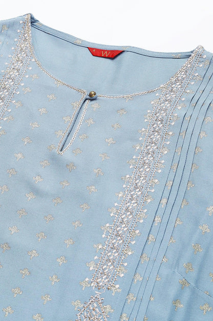 Sky Blue Glitter Printed kurta With Metallic Embroidery - wforwoman
