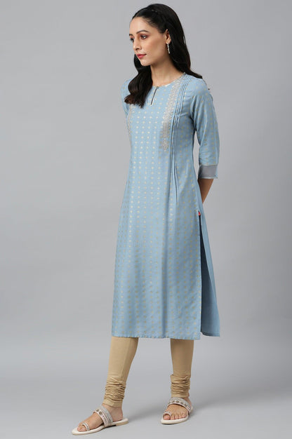 Sky Blue Glitter Printed kurta With Metallic Embroidery - wforwoman