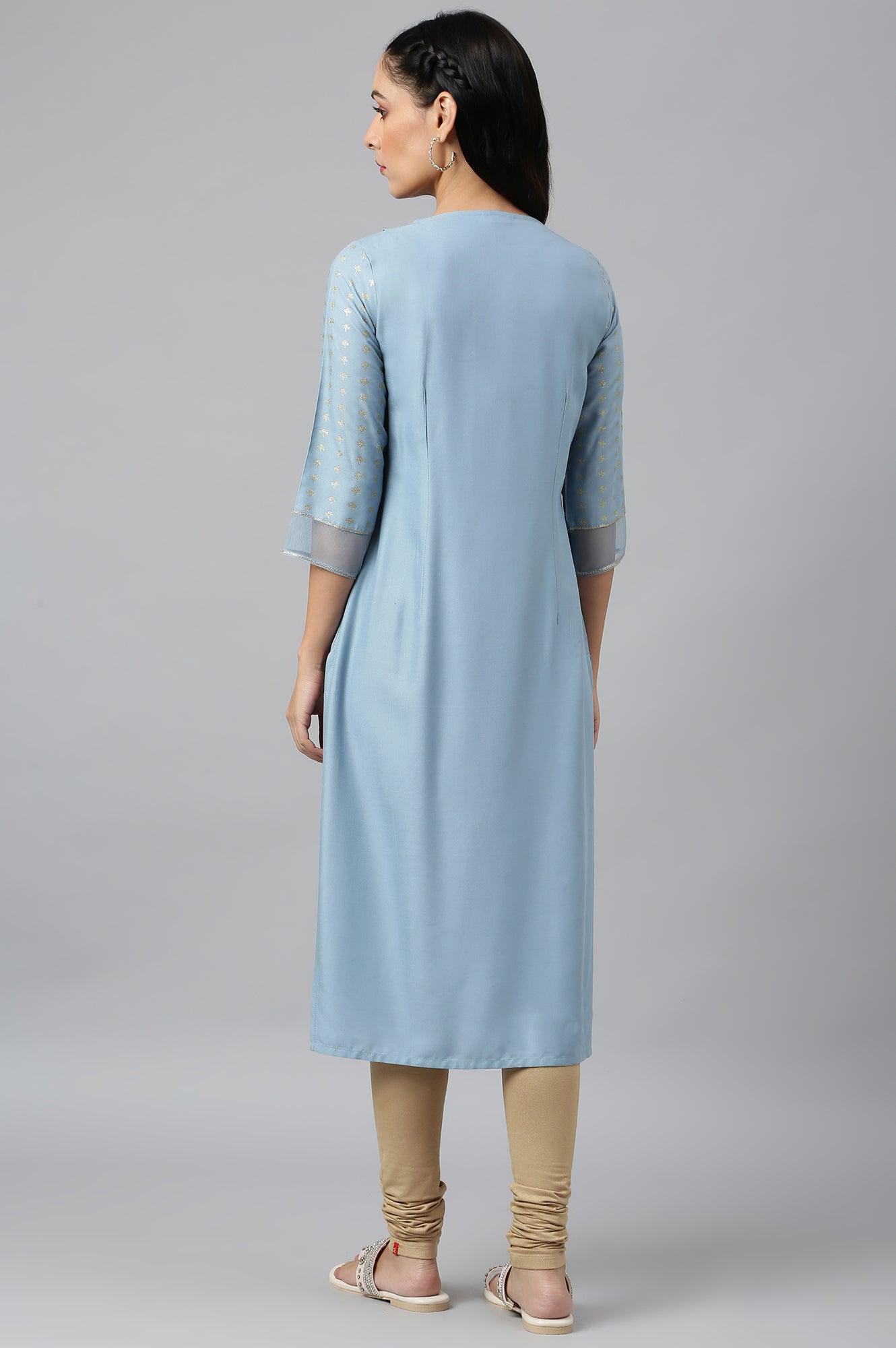 Sky Blue Glitter Printed kurta With Metallic Embroidery - wforwoman