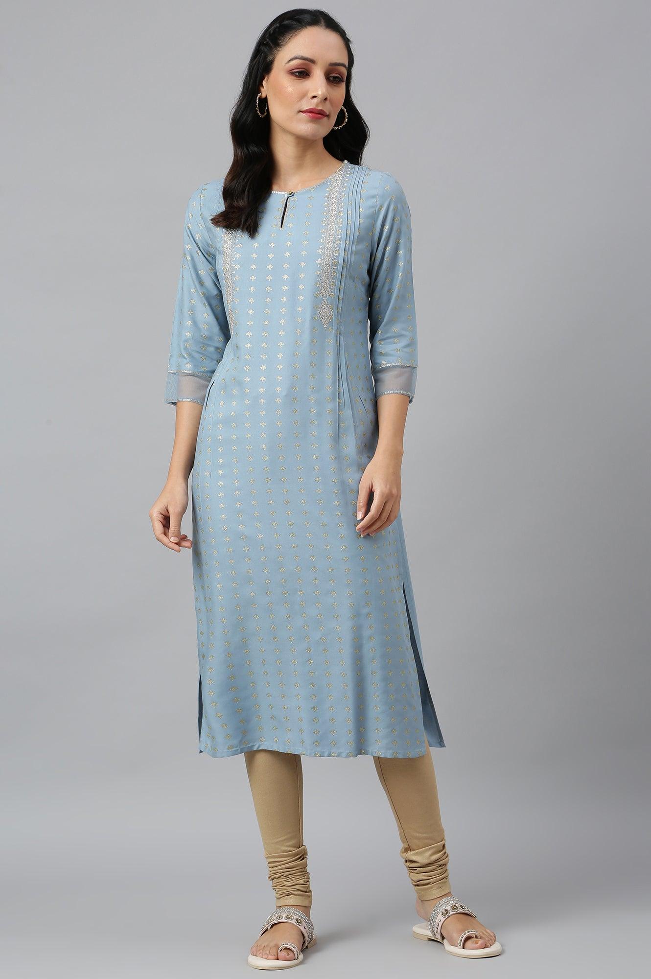 Sky Blue Glitter Printed kurta With Metallic Embroidery - wforwoman