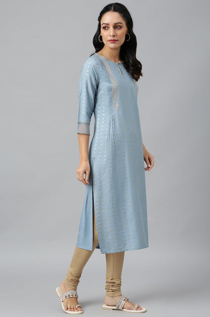 Sky Blue Glitter Printed kurta With Metallic Embroidery - wforwoman