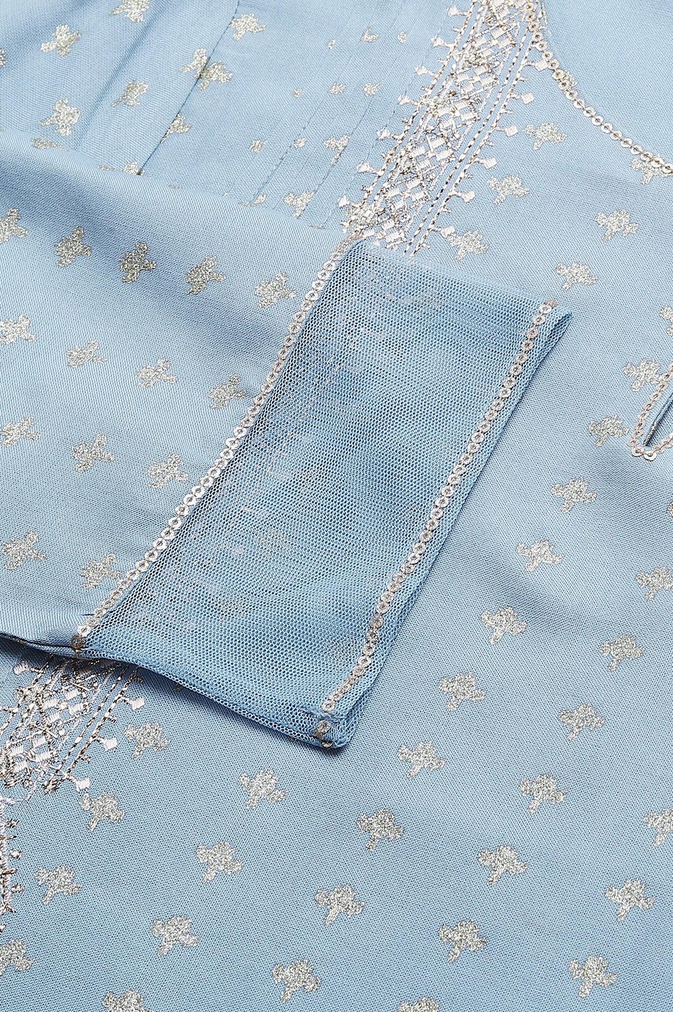 Sky Blue Glitter Printed kurta With Metallic Embroidery - wforwoman