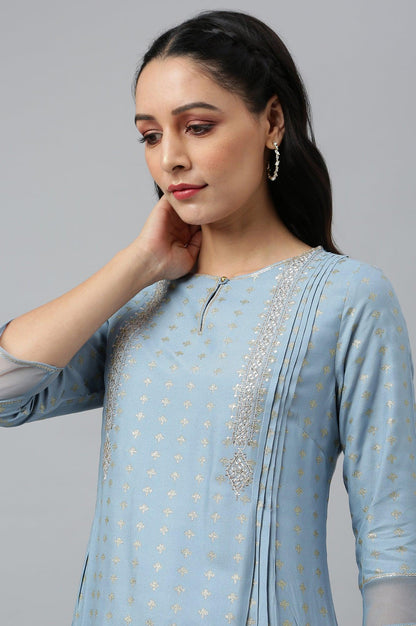 Sky Blue Glitter Printed kurta With Metallic Embroidery - wforwoman