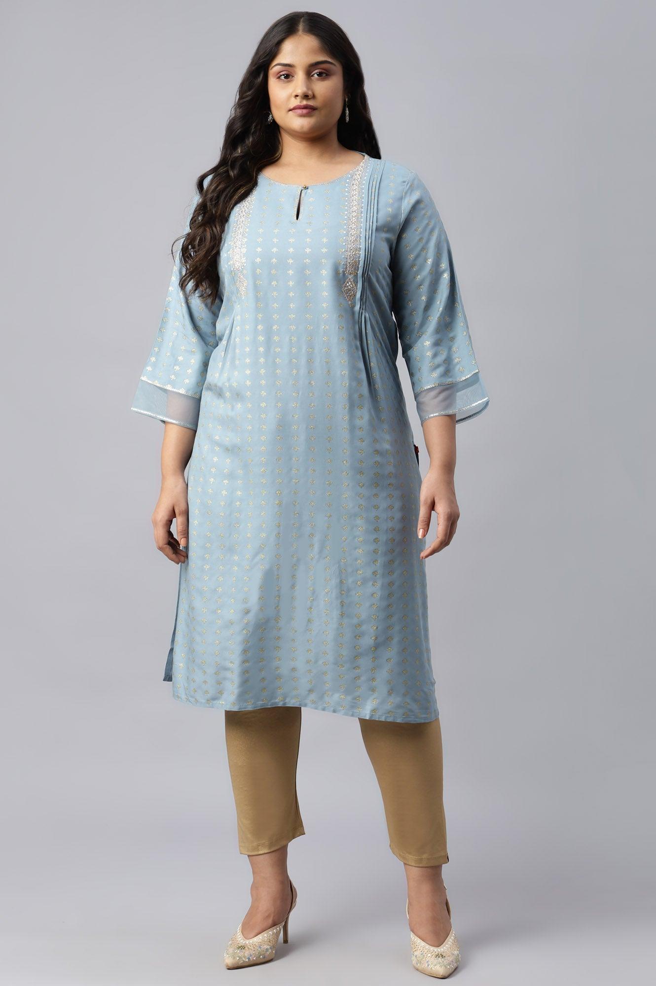 Sky Blue Glitter Printed Plus Size kurta With Metallic Embroidery - wforwoman