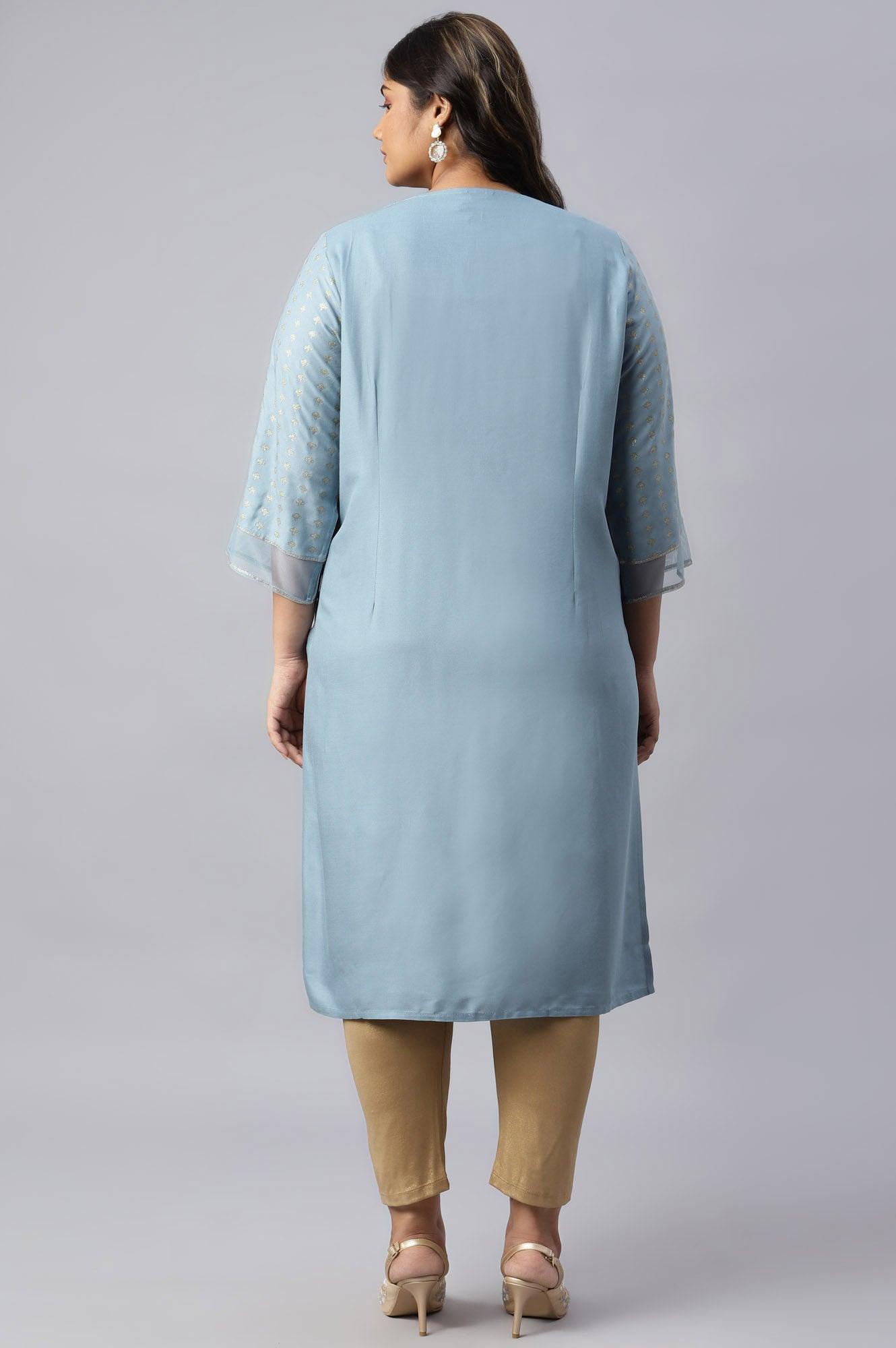 Sky Blue Glitter Printed Plus Size kurta With Metallic Embroidery - wforwoman