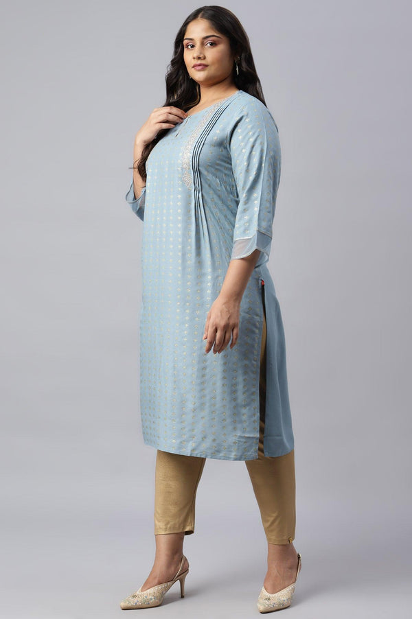 Sky Blue Glitter Printed Plus Size kurta With Metallic Embroidery