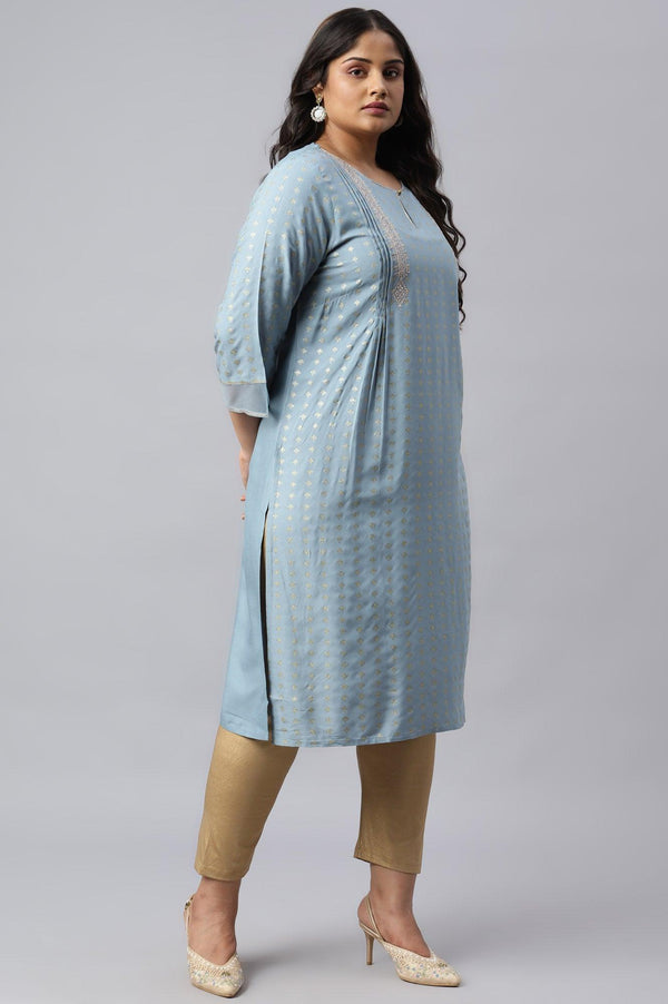 Sky Blue Glitter Printed Plus Size kurta With Metallic Embroidery