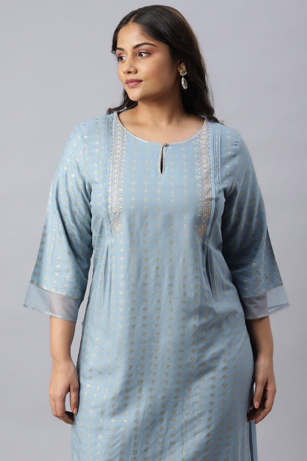 Sky Blue Glitter Printed Plus Size kurta With Metallic Embroidery