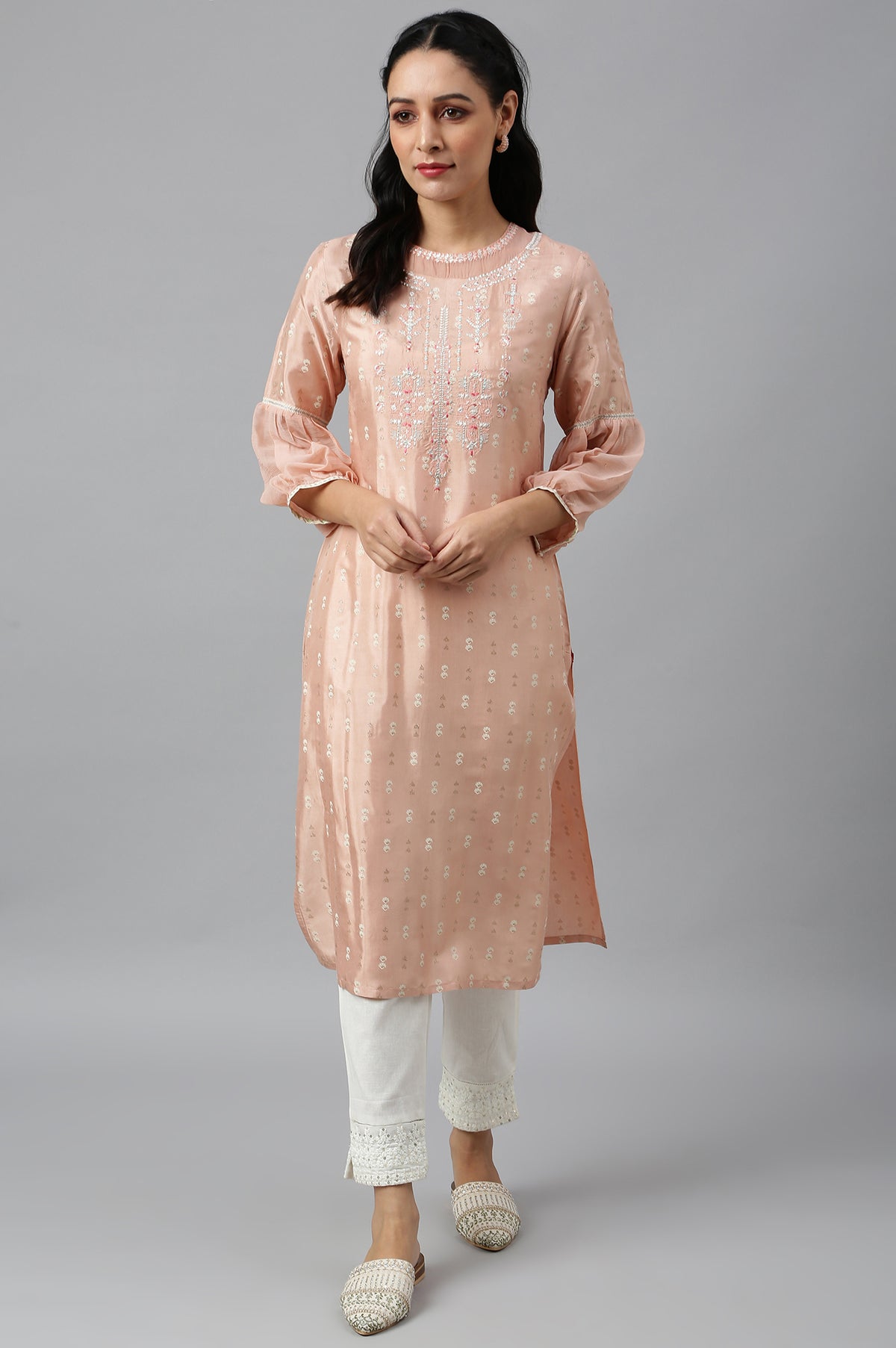 Peach Shantung kurta With Embroidery - XS