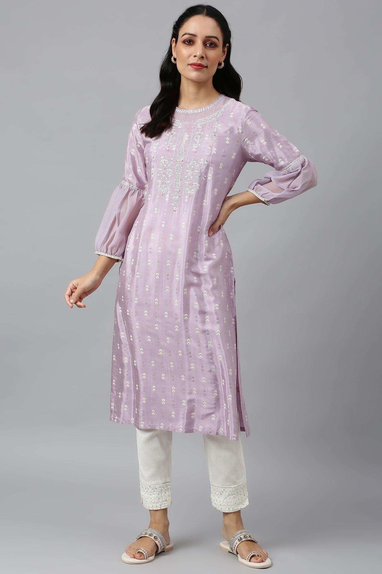 Lavender Shantung kurta With Embroidery - wforwoman