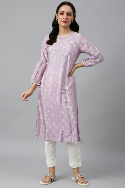 Lavender Shantung kurta With Embroidery - wforwoman