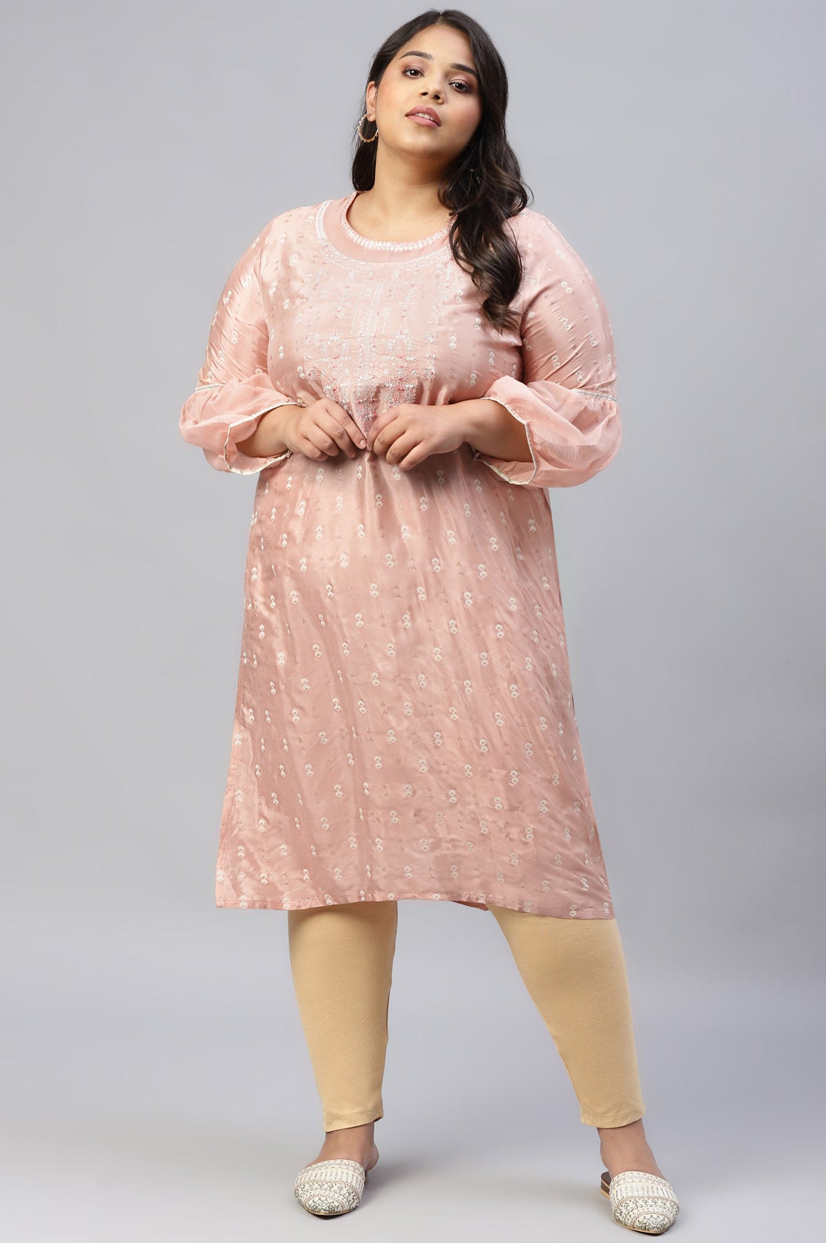 Peach Shantung Plus Size kurta With Embroidery - 20