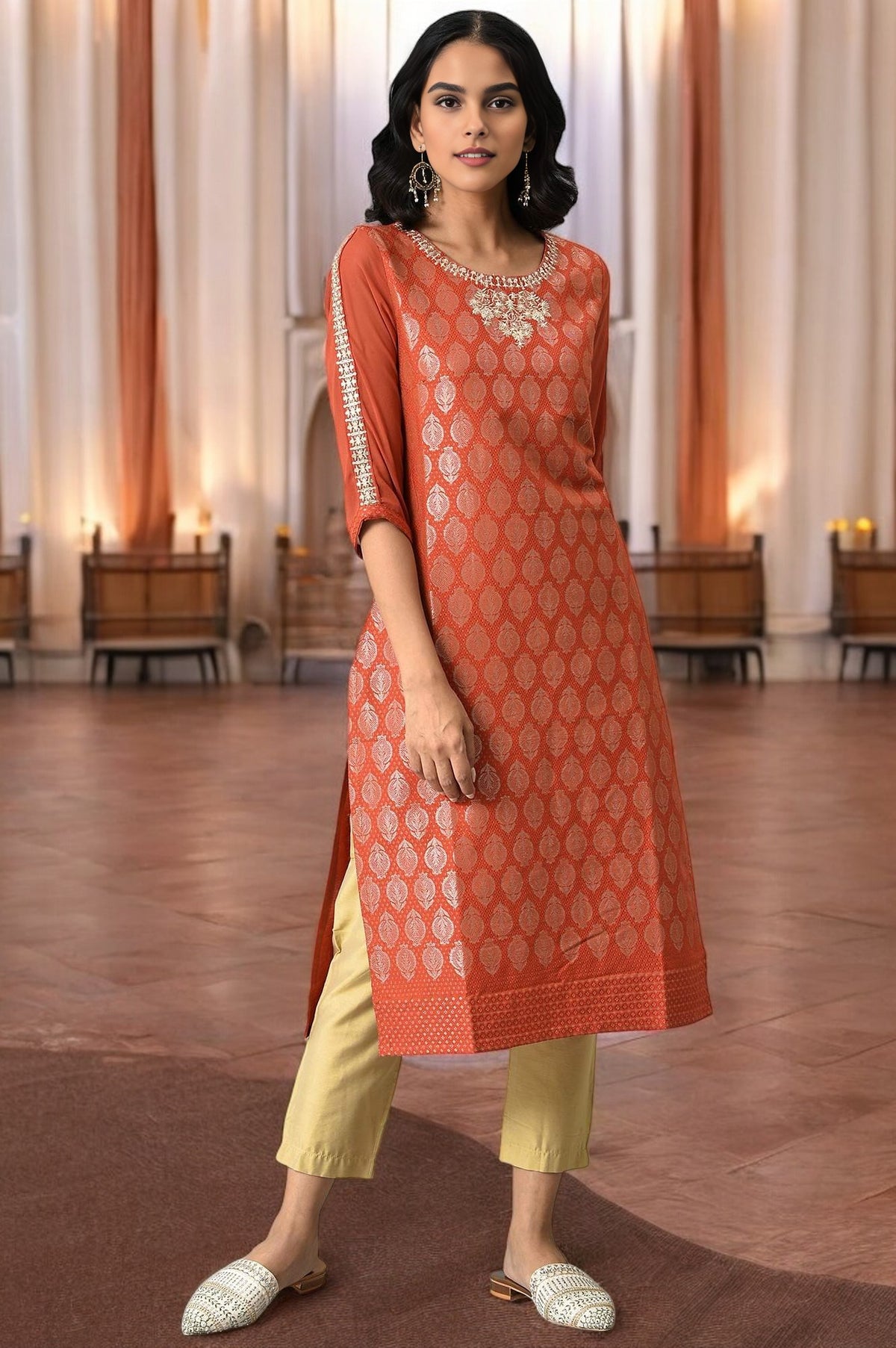 Red Jacquard kurta With Embroidery - XS