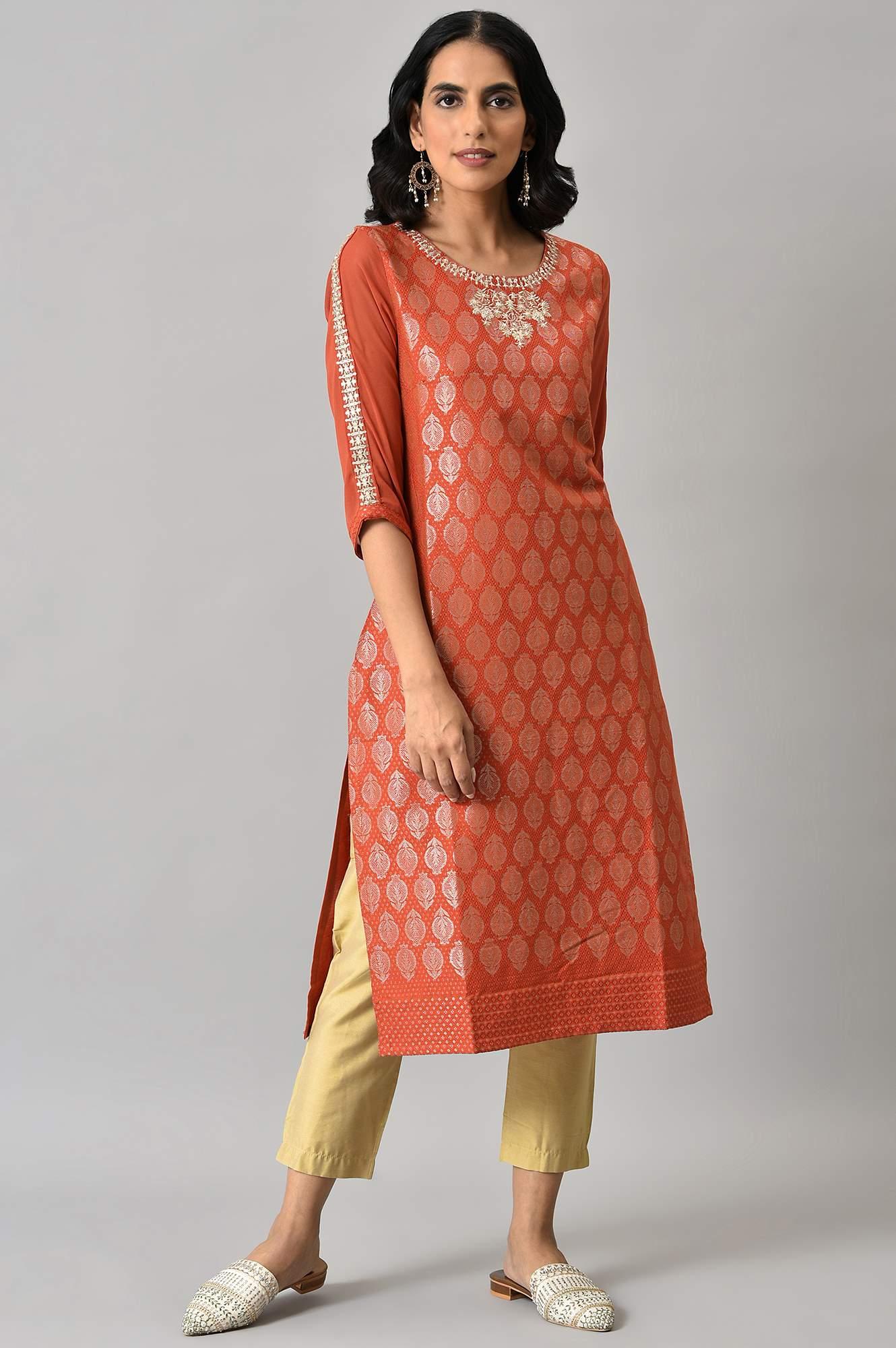 Red Jacquard kurta With Embroidery - wforwoman