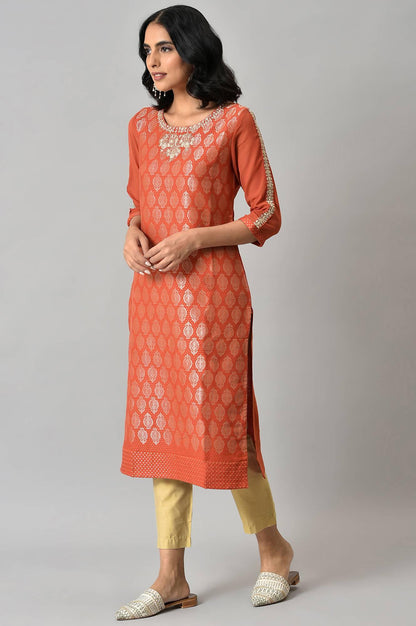 Red Jacquard kurta With Embroidery - wforwoman