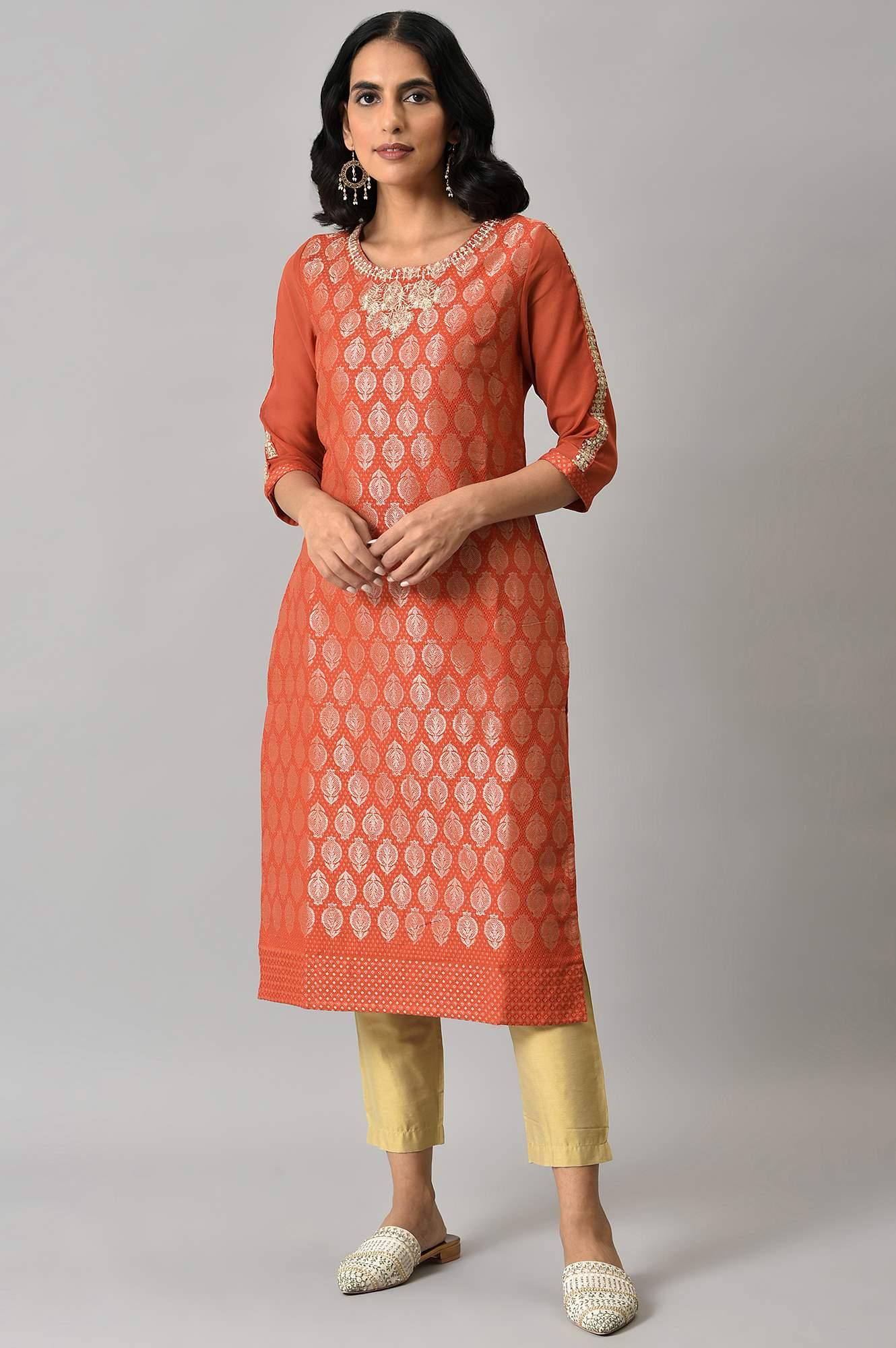 Red Jacquard kurta With Embroidery - wforwoman