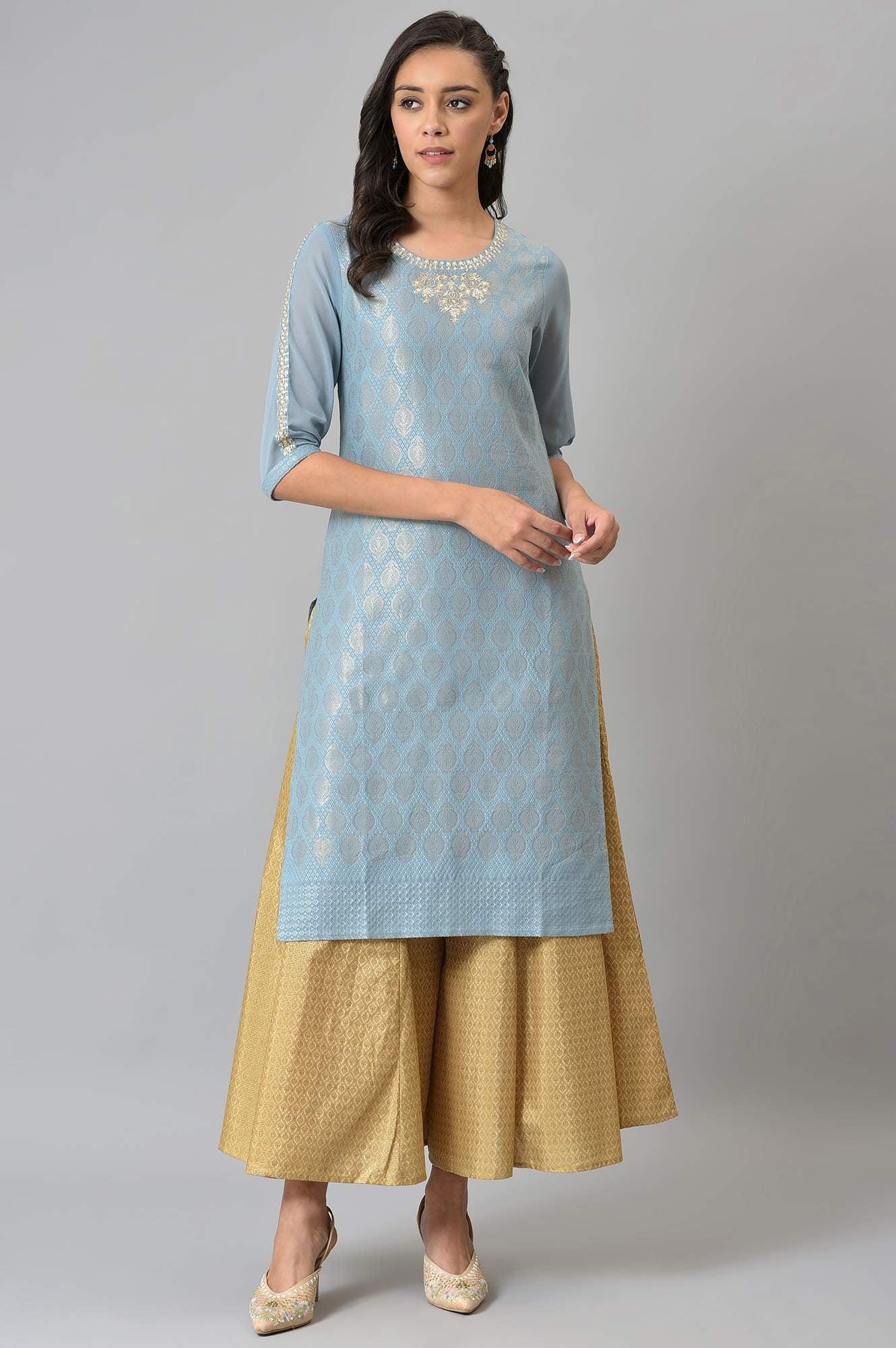 Sky Blue Jacquard kurta With Embroidery - wforwoman