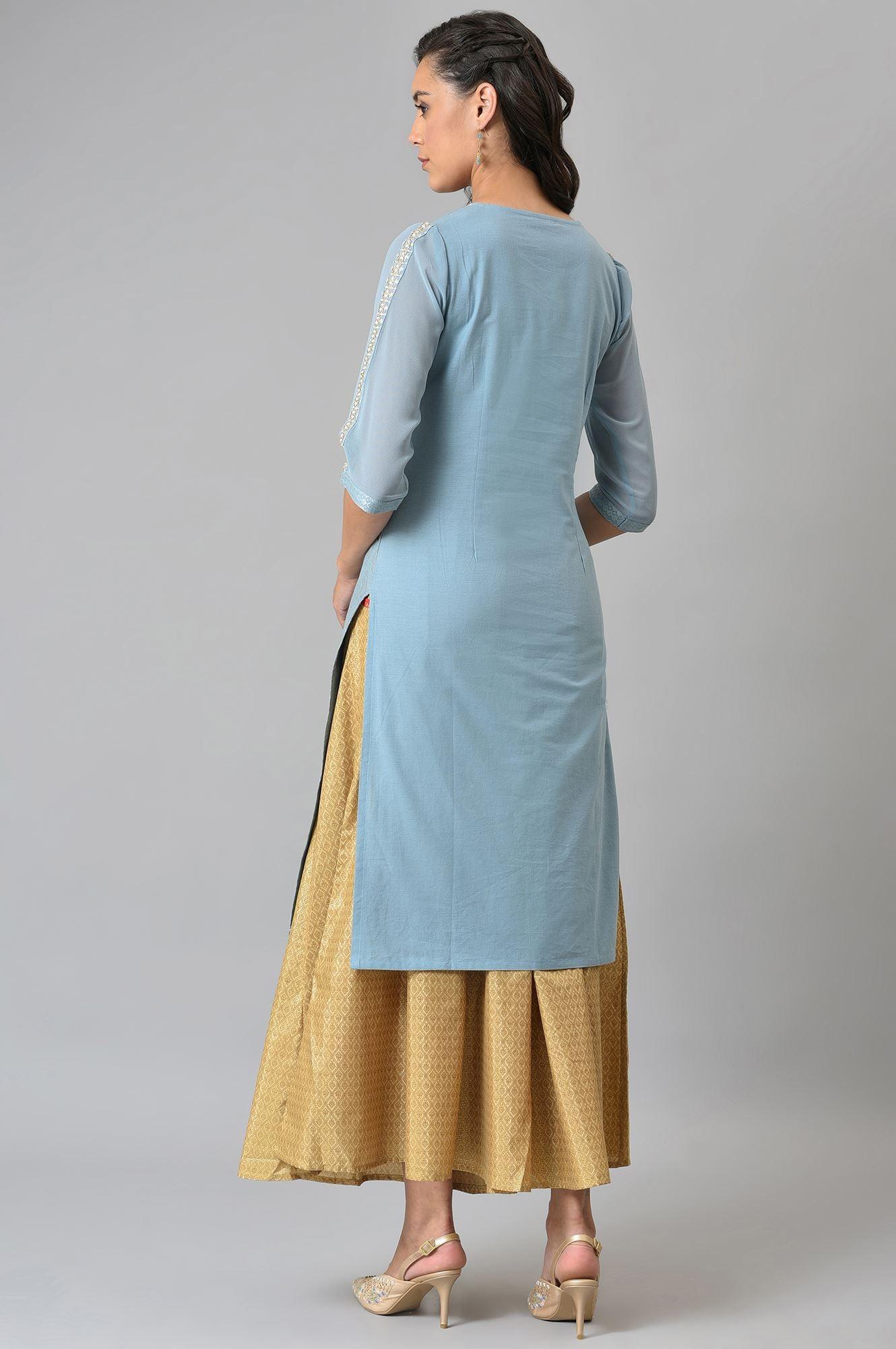 Sky Blue Jacquard kurta With Embroidery - wforwoman