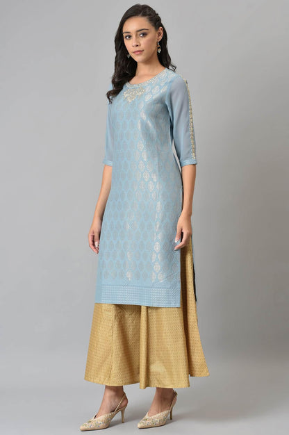 Sky Blue Jacquard kurta With Embroidery - wforwoman