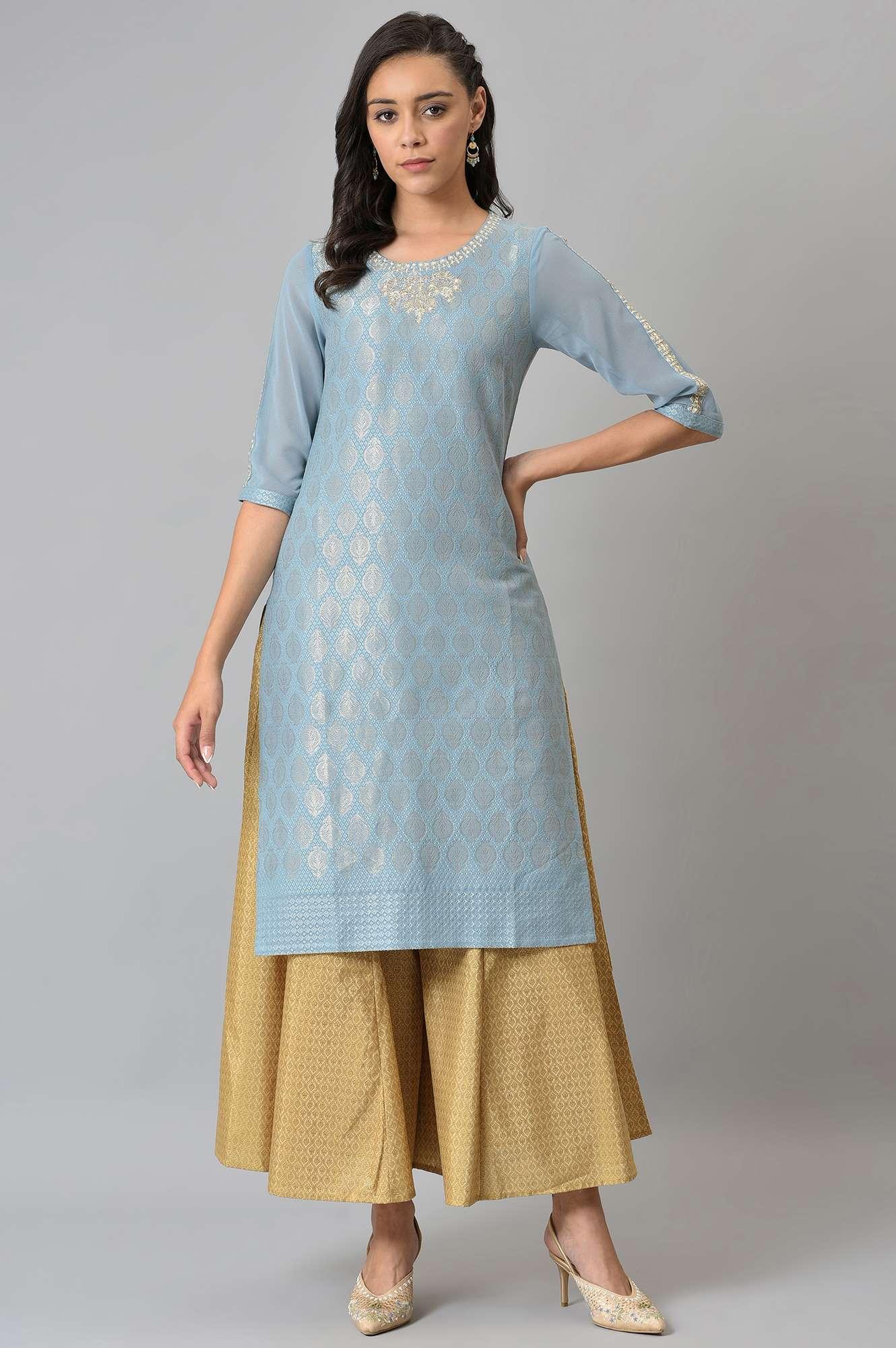 Sky Blue Jacquard kurta With Embroidery - wforwoman