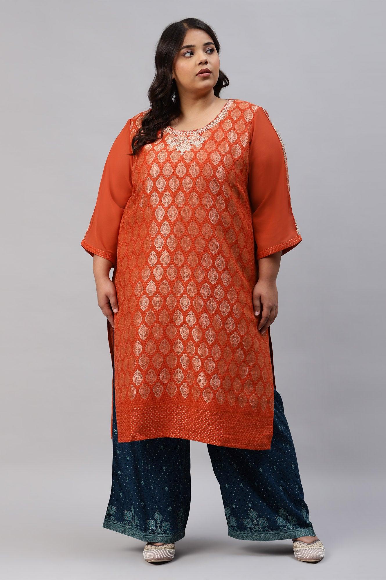 Red Jacquard Plus Size kurta With Embroidery - wforwoman