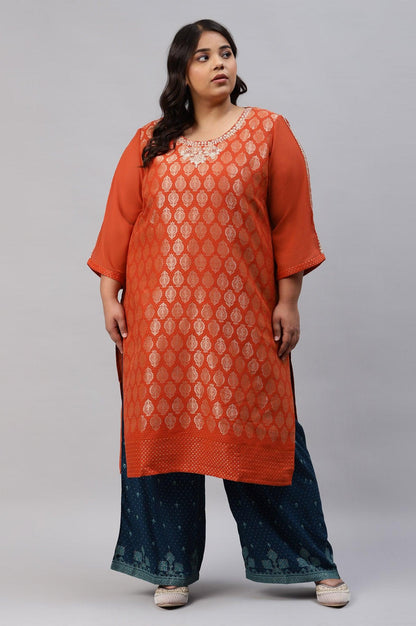 Red Jacquard Plus Size kurta With Embroidery - wforwoman