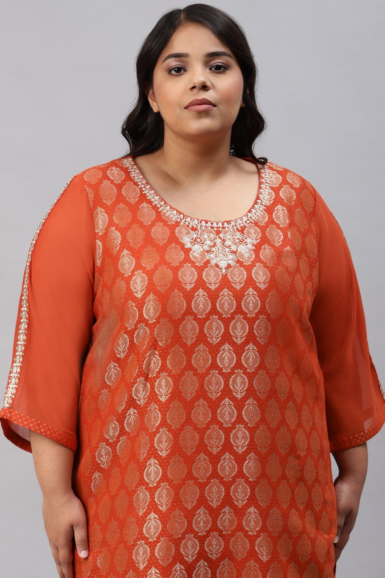 Red Jacquard Plus Size kurta With Embroidery - wforwoman