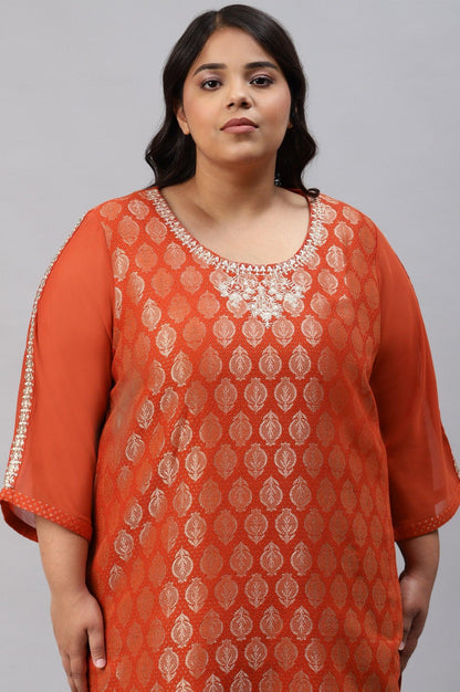 Red Jacquard Plus Size kurta With Embroidery - wforwoman