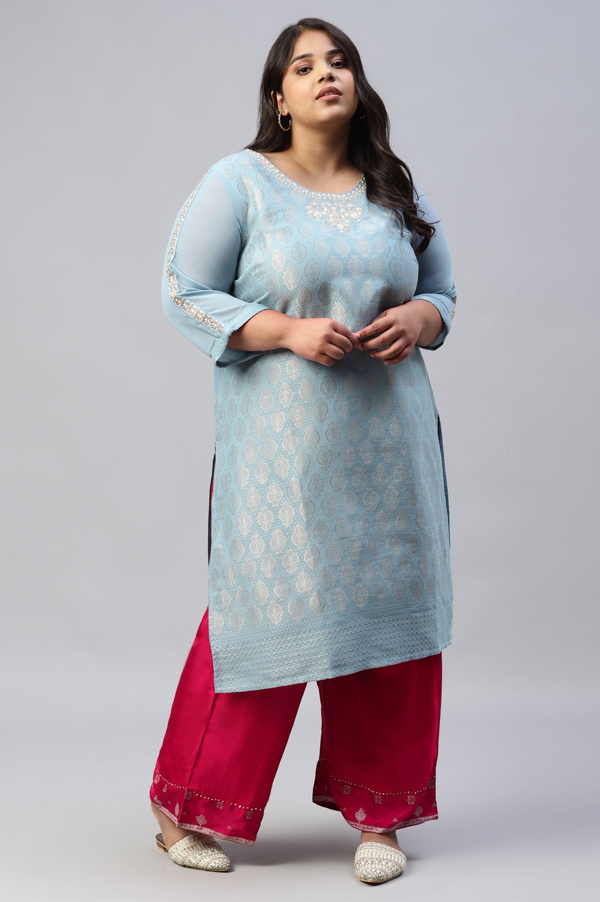 Sky Blue Jacquard Plus Size kurta With Embroidery - 4XL