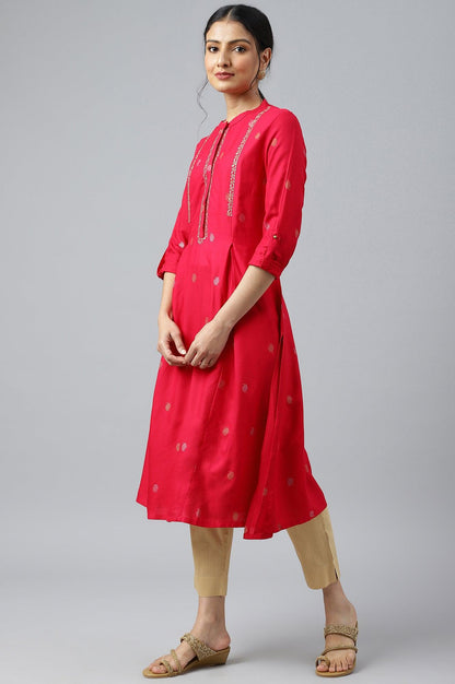 Red Mettalic Embroidered kurta With Pleats - wforwoman