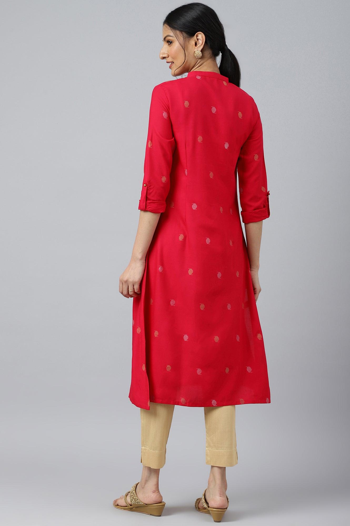 Red Mettalic Embroidered kurta With Pleats - wforwoman