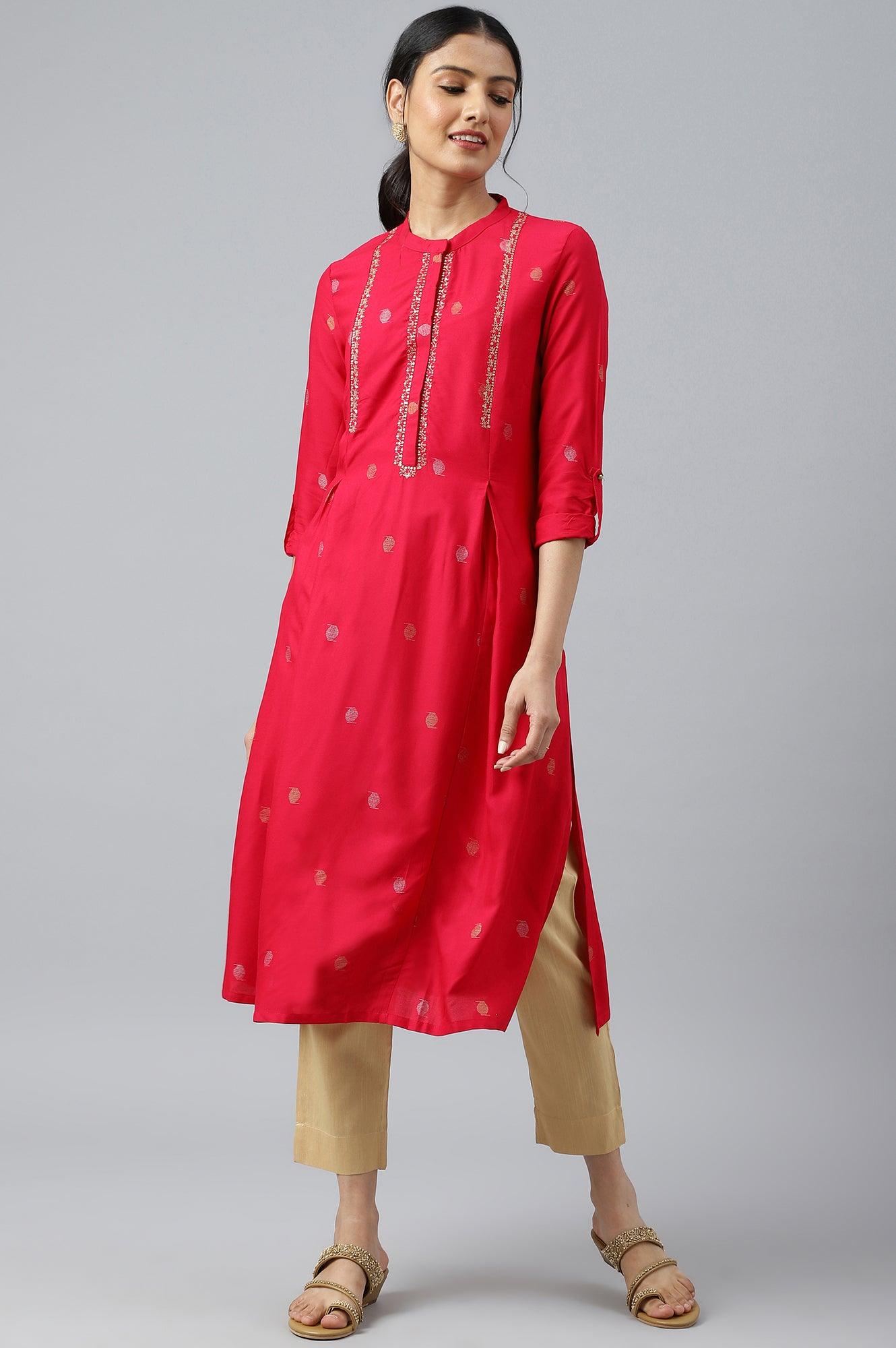 Red Mettalic Embroidered kurta With Pleats - wforwoman