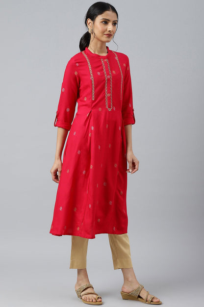 Red Mettalic Embroidered kurta With Pleats - wforwoman