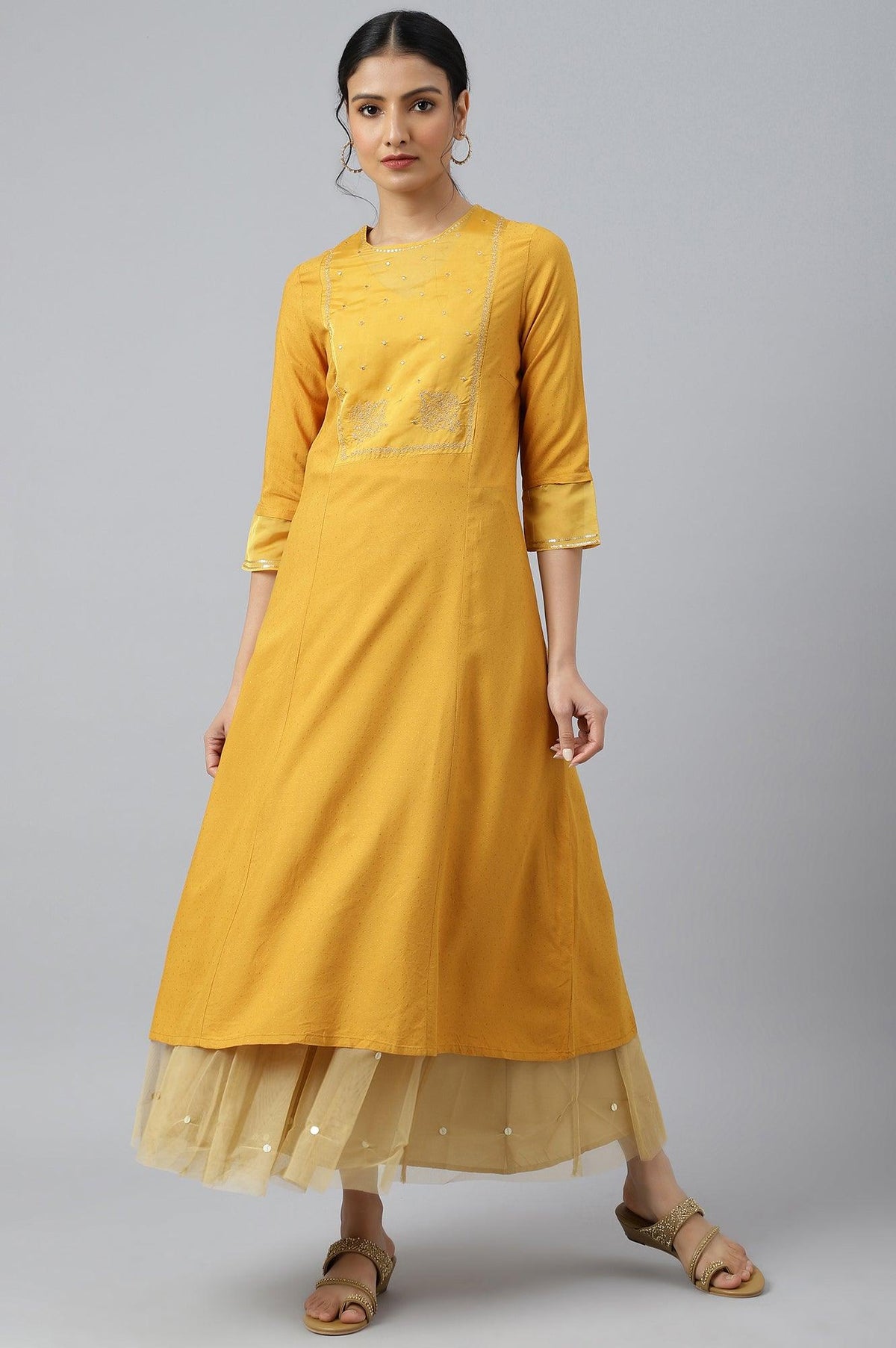 Dark Yellow A-Line Embroidered kurta With Sequins - XS