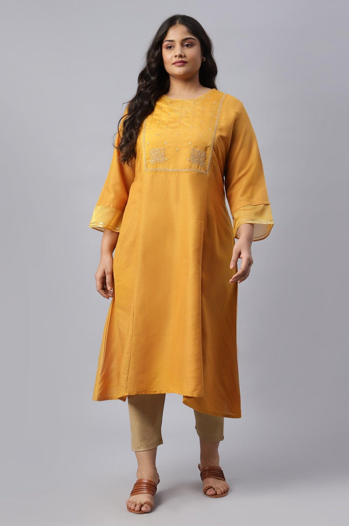 Dark Yellow A-Line Embroidered Plus Size kurta With Sequins - 20