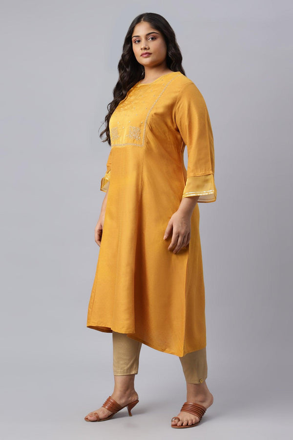 Dark Yellow A-Line Embroidered Plus Size kurta With Sequins
