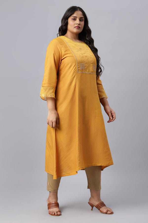 Dark Yellow A-Line Embroidered Plus Size kurta With Sequins