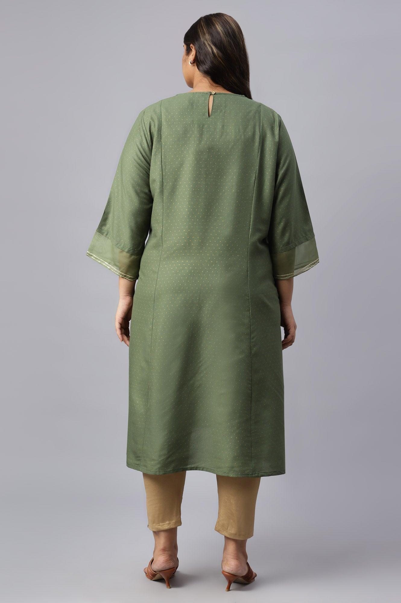 Olive Green A-Line Embroidered Plus Size kurta With Sequins - wforwoman