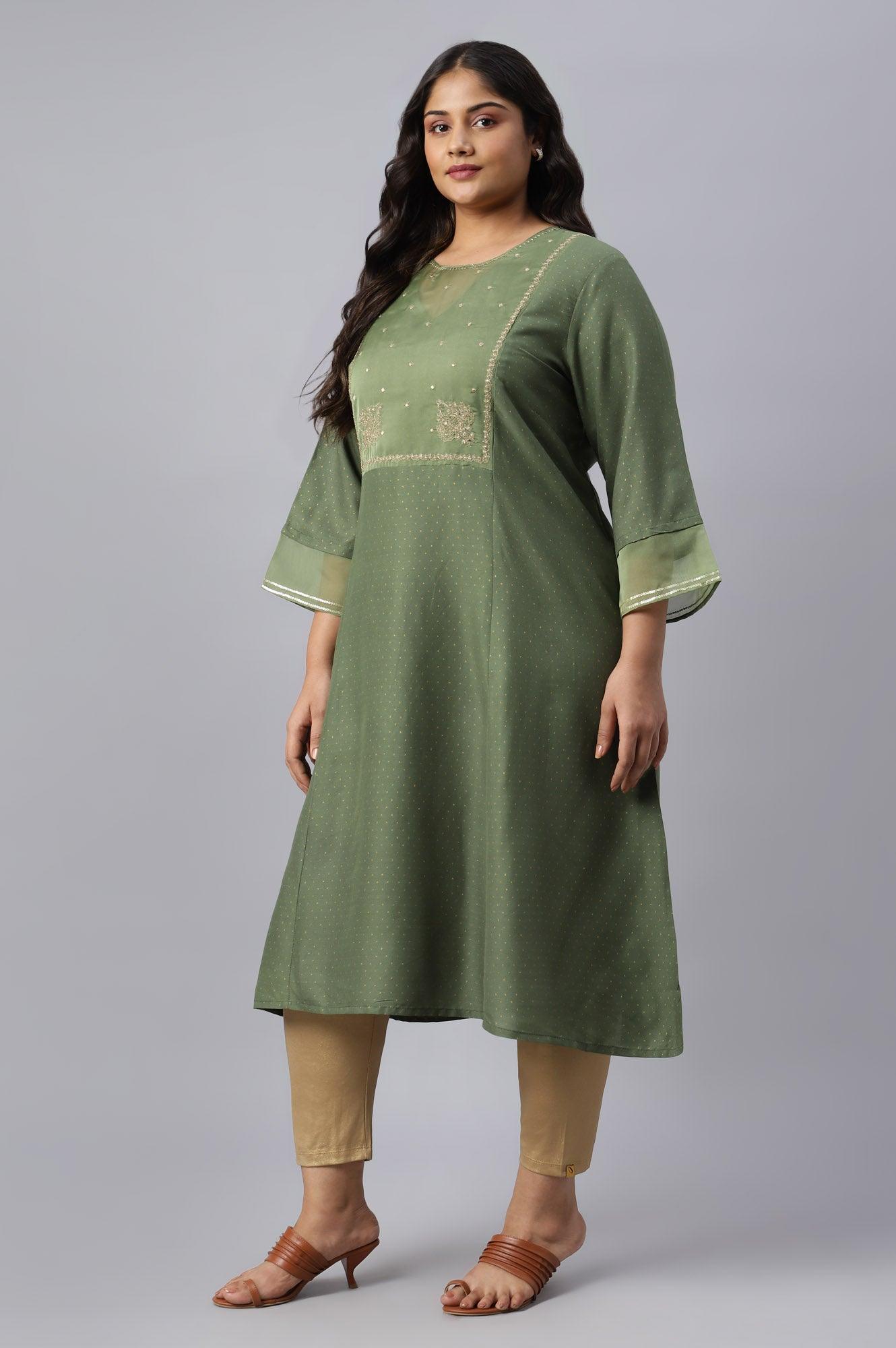 Olive Green A-Line Embroidered Plus Size kurta With Sequins - wforwoman