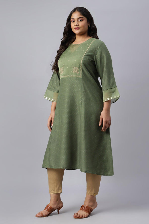 Olive Green A-Line Embroidered Plus Size kurta With Sequins