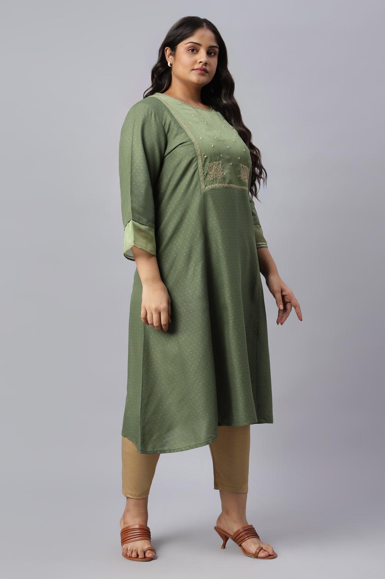 Olive Green A-Line Embroidered Plus Size kurta With Sequins - wforwoman