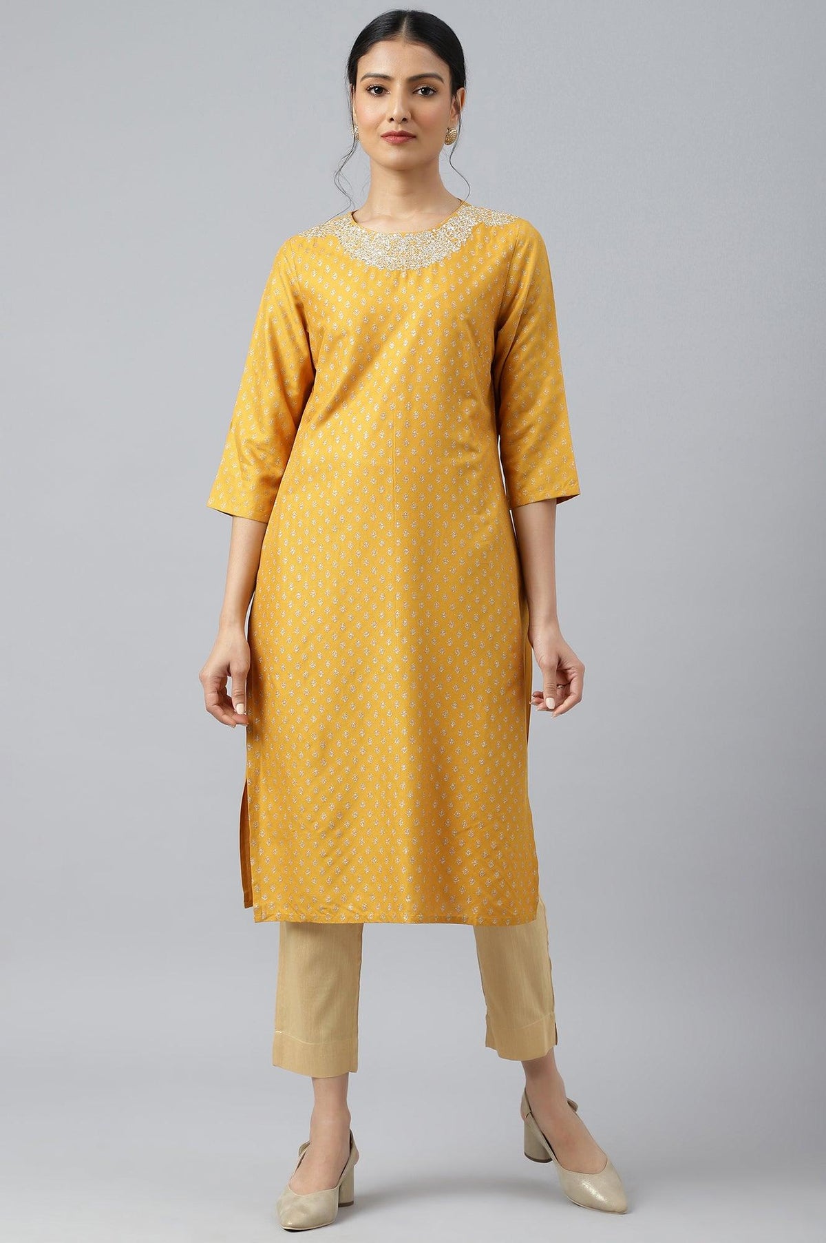 Mustard Printed kurta With Metallic Embroidery - XS