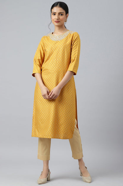 Mustard Printed kurta With Metallic Embroidery - wforwoman