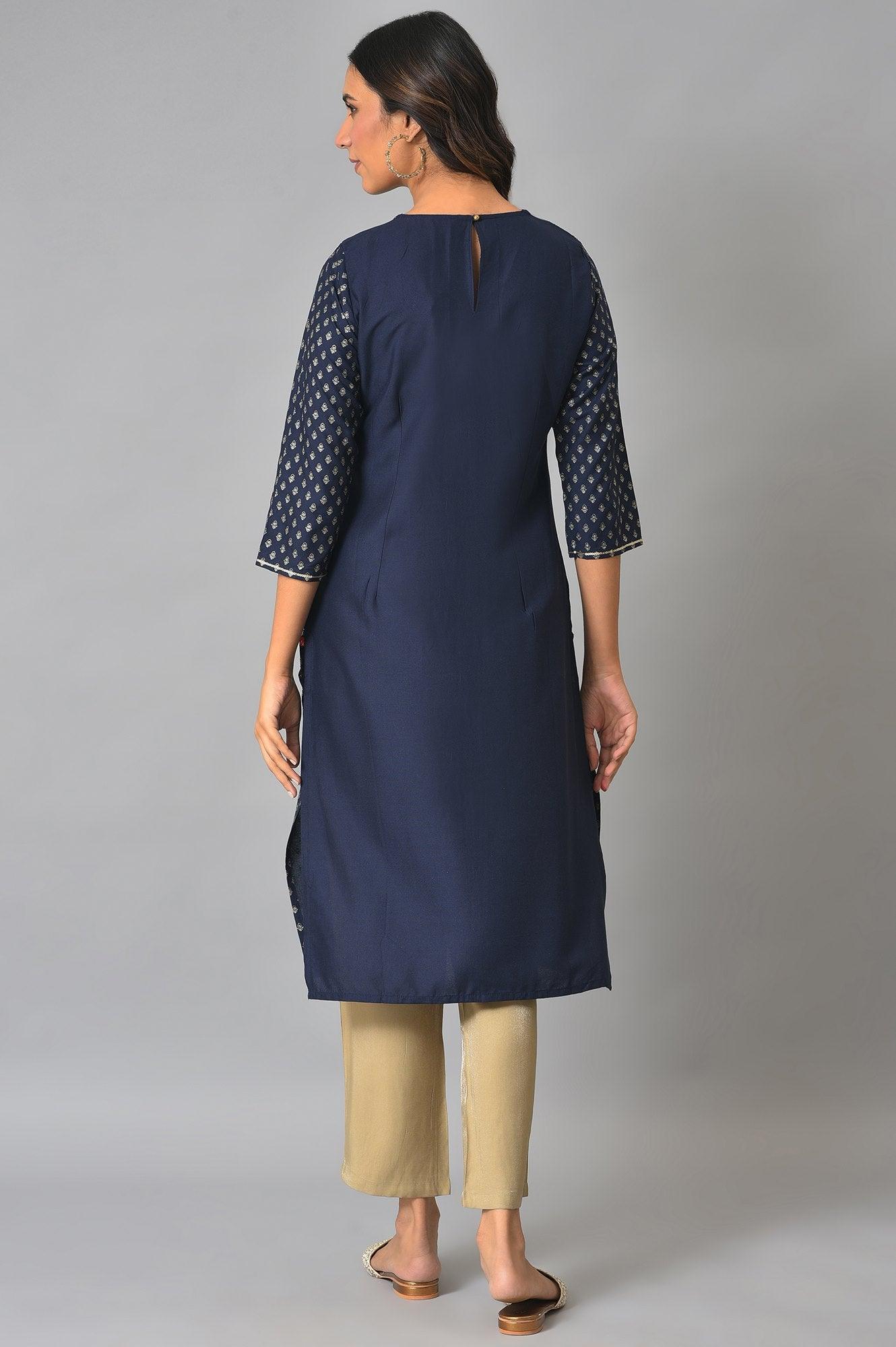 Dark Blue Embellished Festive kurta - wforwoman