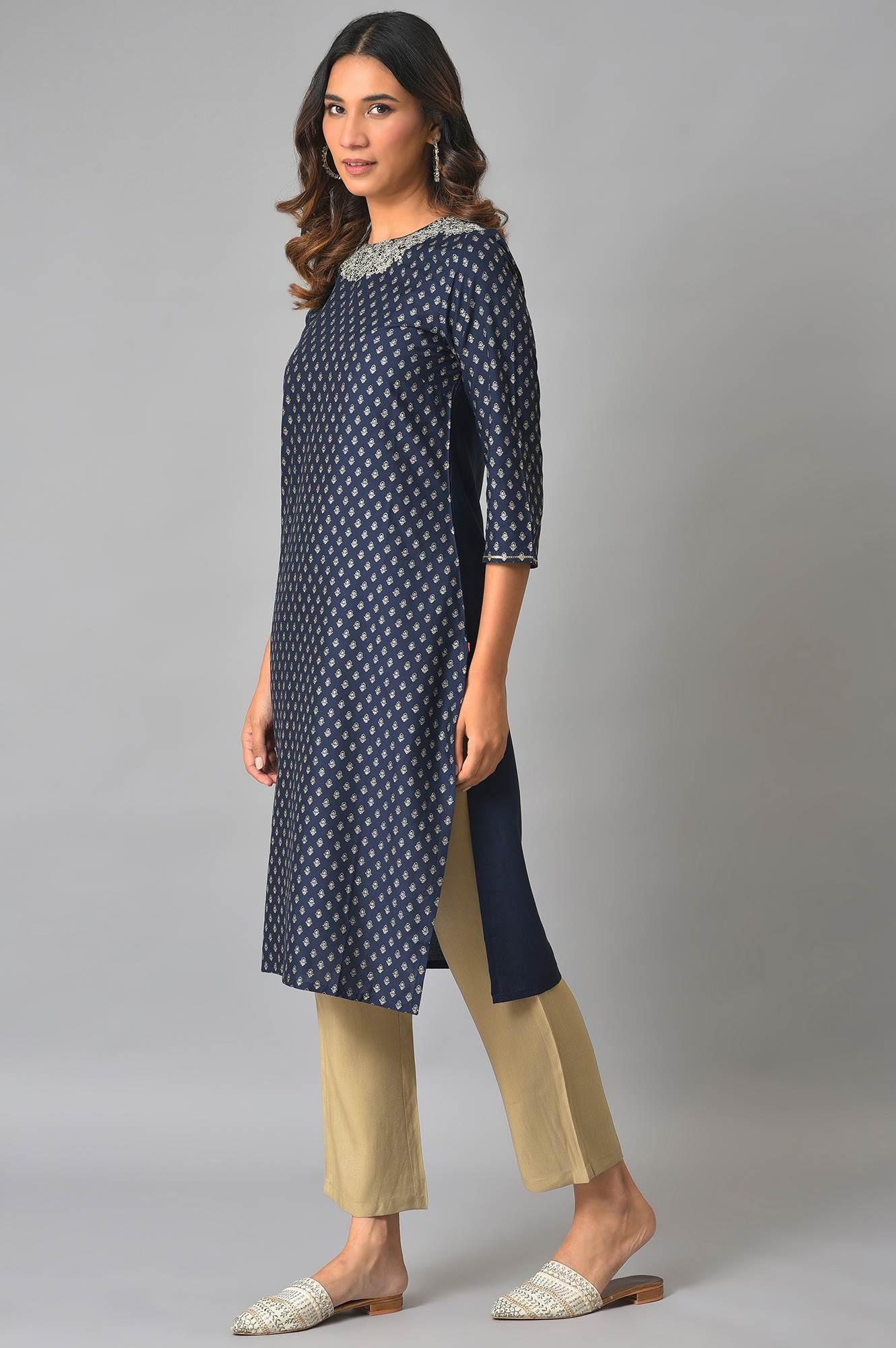 Dark Blue Embellished Festive kurta - wforwoman