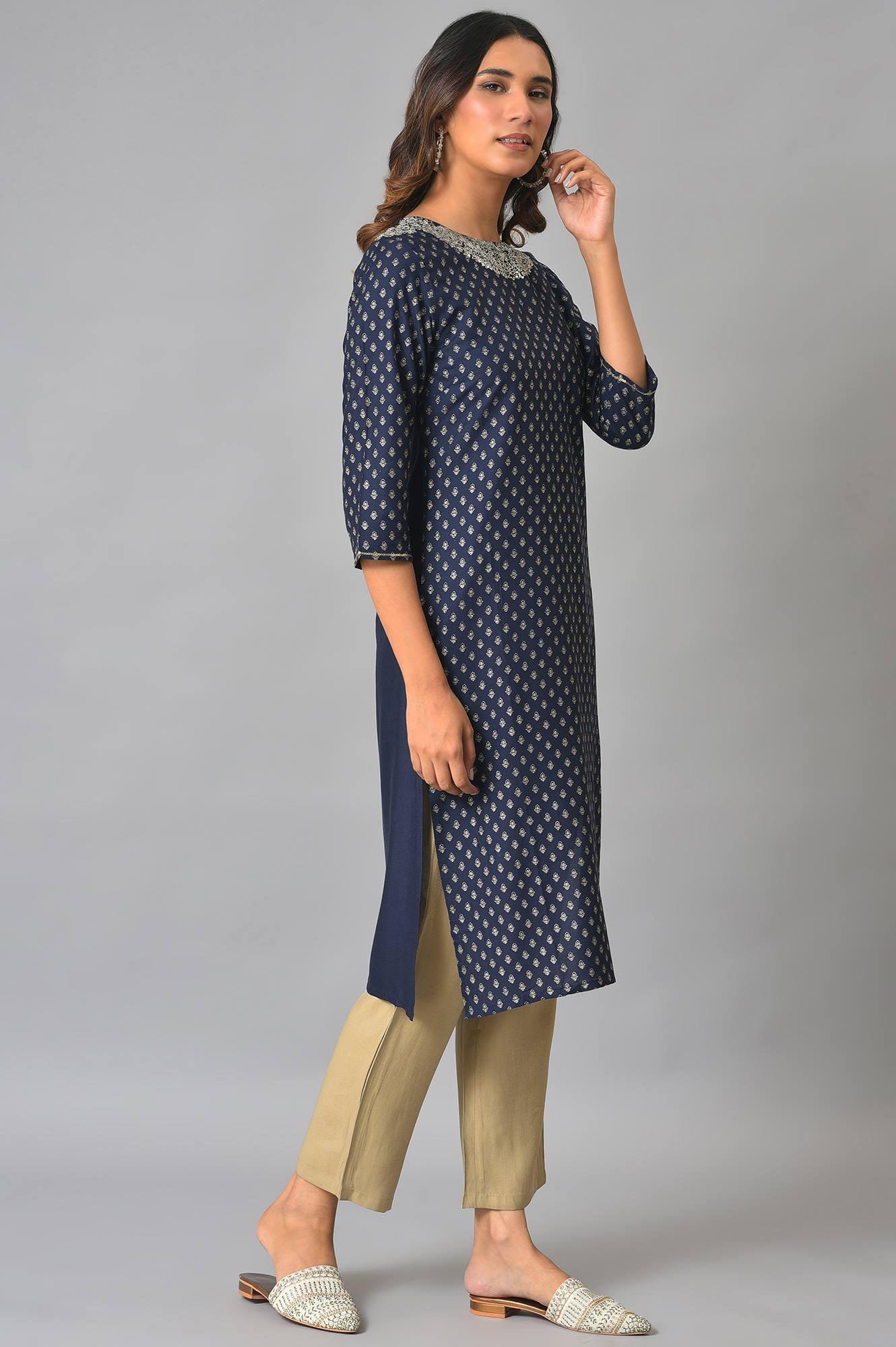 Dark Blue Embellished Festive kurta - wforwoman