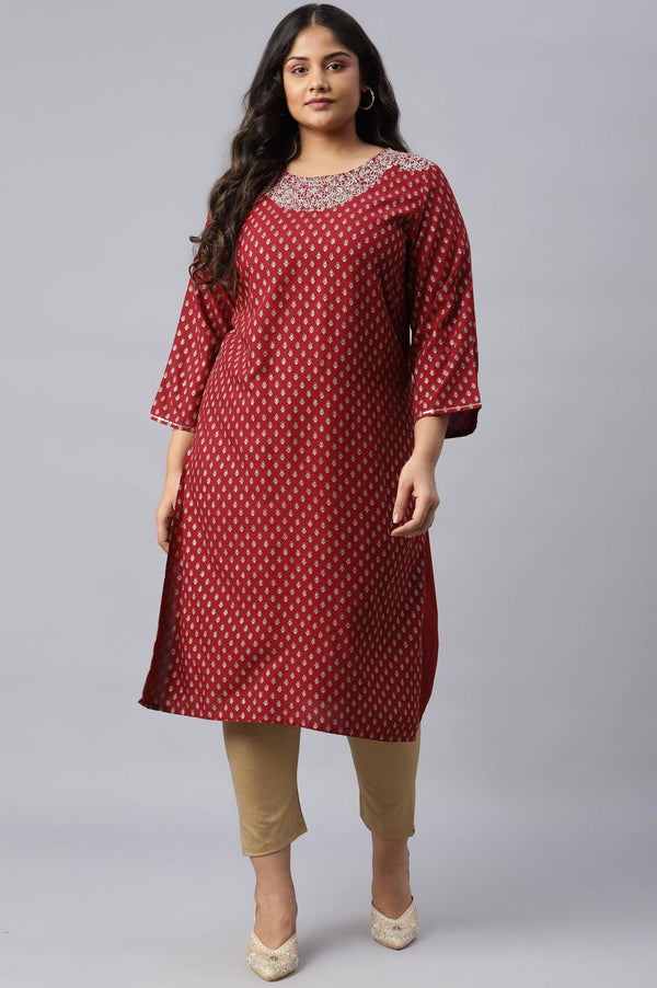 Red Printed Plus Size kurta With Metallic Embroidery