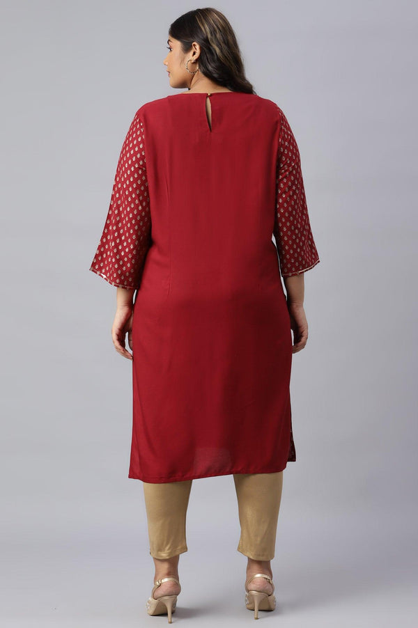 Red Printed Plus Size kurta With Metallic Embroidery