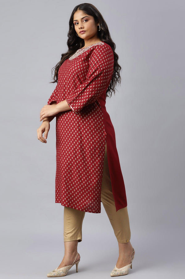 Red Printed Plus Size kurta With Metallic Embroidery
