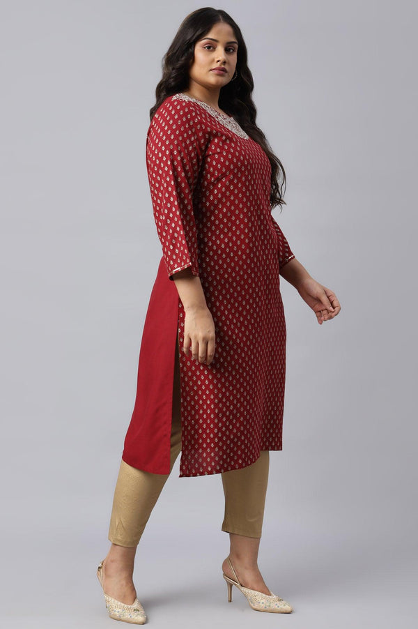 Red Printed Plus Size kurta With Metallic Embroidery